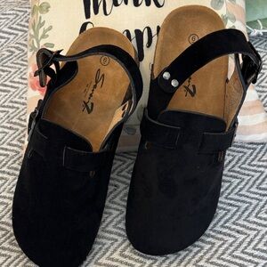 Seven7 Black Suede Backstrap Clog Mules